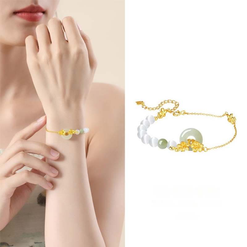 Fortune Jewel 999 Sterling Silver Natural Hetian Jade Peace Buckle Peach Blossom Luck Bracelet