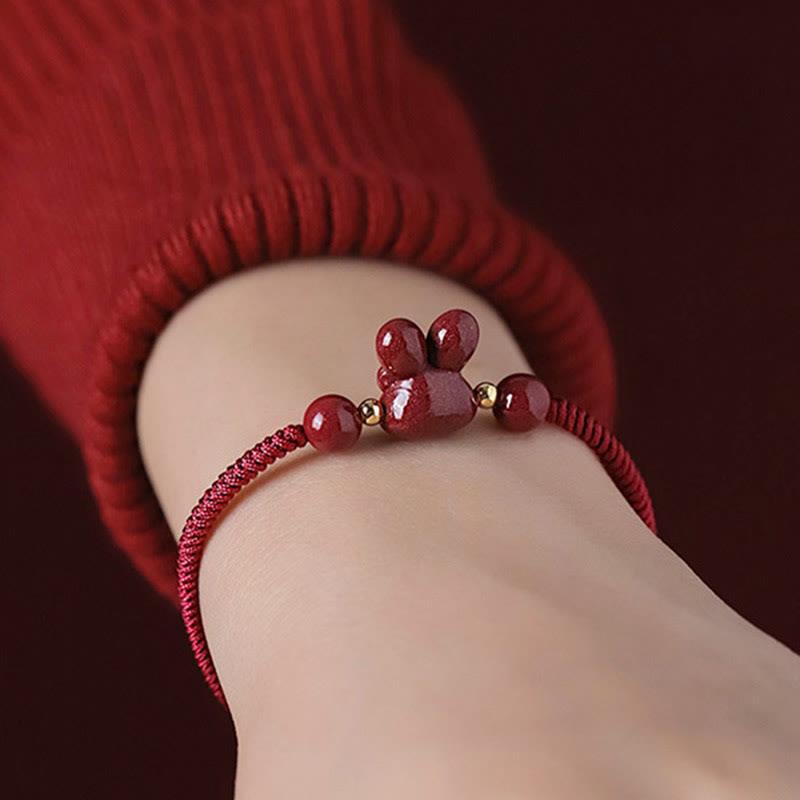 Fortune Jewel Handmade Cinnabar Chinese Zodiac Rabbit Luck Red Rope Bracelet