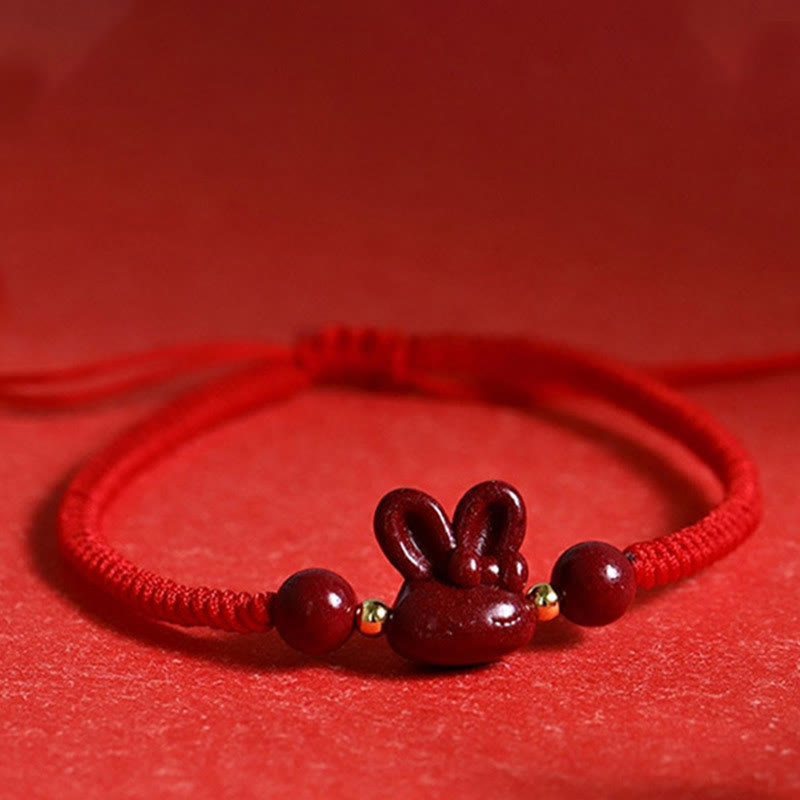 Fortune Jewel Handmade Cinnabar Chinese Zodiac Rabbit Luck Red Rope Bracelet
