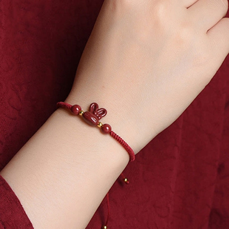 Fortune Jewel Handmade Cinnabar Chinese Zodiac Rabbit Luck Red Rope Bracelet