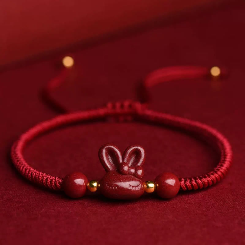 Fortune Jewel Handmade Cinnabar Chinese Zodiac Rabbit Luck Red Rope Bracelet