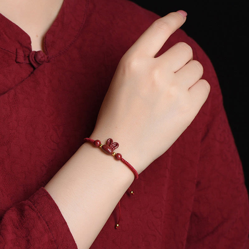 Fortune Jewel Handmade Cinnabar Chinese Zodiac Rabbit Luck Red Rope Bracelet