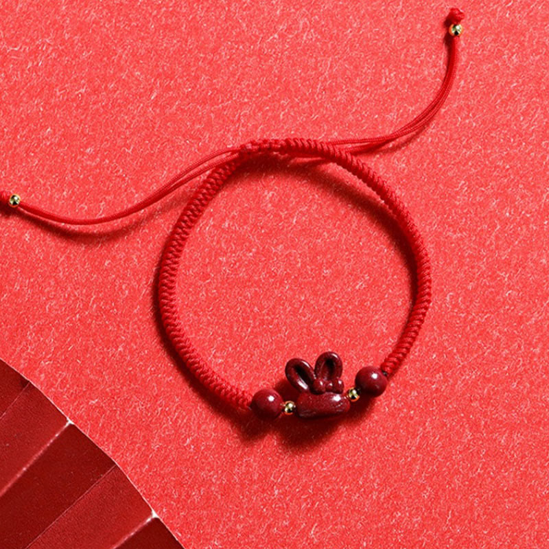 Fortune Jewel Handmade Cinnabar Chinese Zodiac Rabbit Luck Red Rope Bracelet