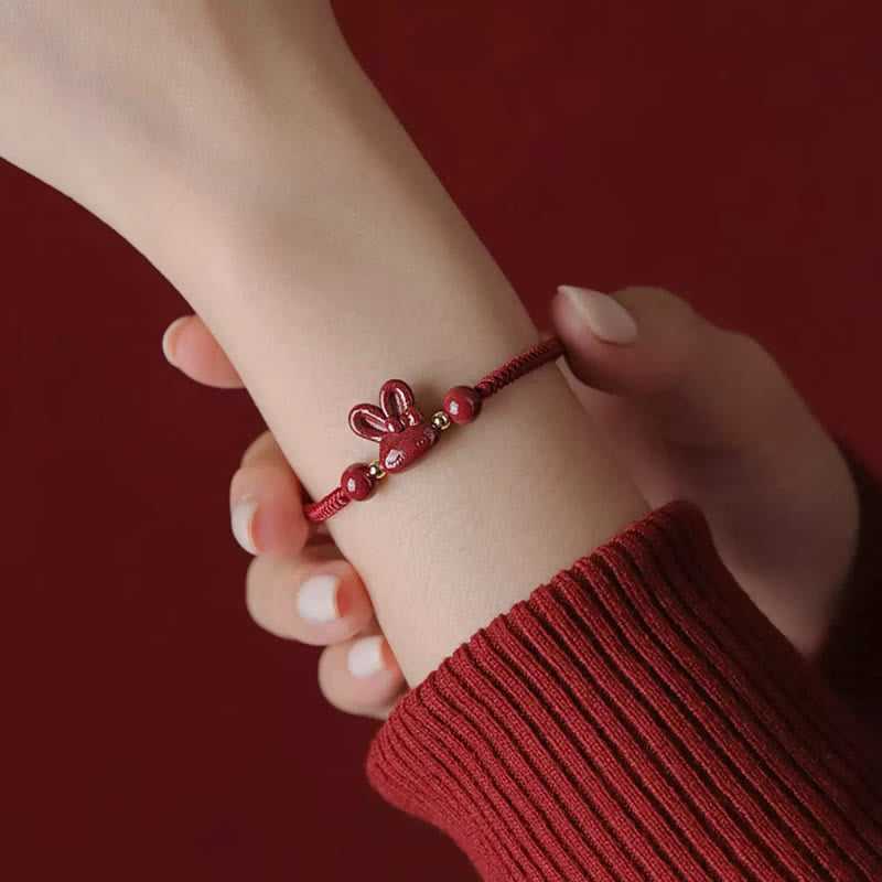 Fortune Jewel Handmade Cinnabar Chinese Zodiac Rabbit Luck Red Rope Bracelet