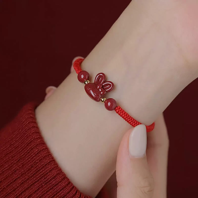 Fortune Jewel Handmade Cinnabar Chinese Zodiac Rabbit Luck Red Rope Bracelet