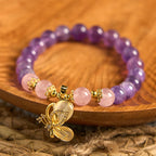 Fortune Jewel Natural Amethyst Strawberry Quartz Crystal Healing Butterfly Charm Bracelet