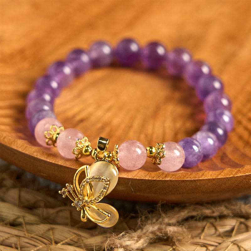 Fortune Jewel Natural Amethyst Strawberry Quartz Crystal Healing Butterfly Charm Bracelet