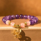 Fortune Jewel Natural Amethyst Strawberry Quartz Crystal Healing Butterfly Charm Bracelet