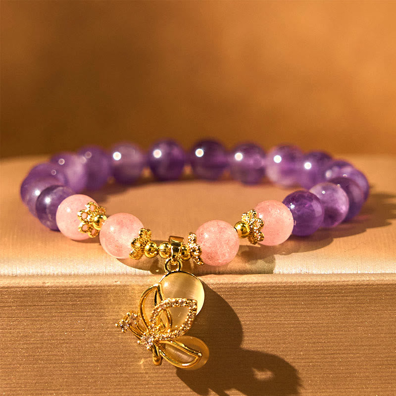 Fortune Jewel Natural Amethyst Strawberry Quartz Crystal Healing Butterfly Charm Bracelet