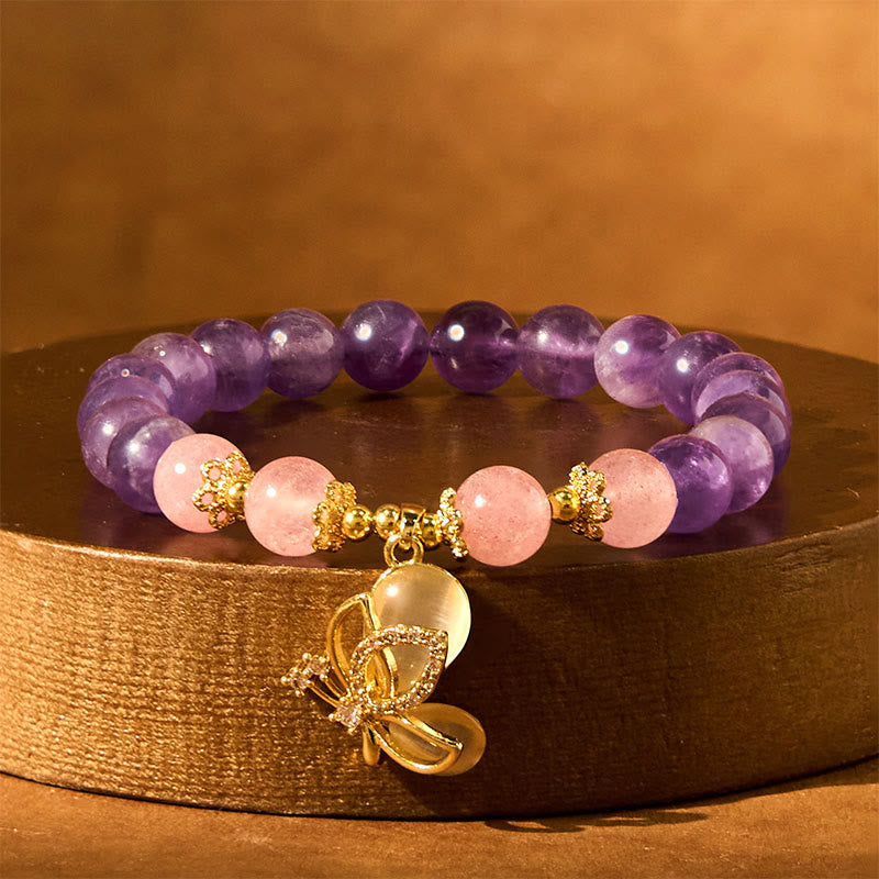 Fortune Jewel Natural Amethyst Strawberry Quartz Crystal Healing Butterfly Charm Bracelet