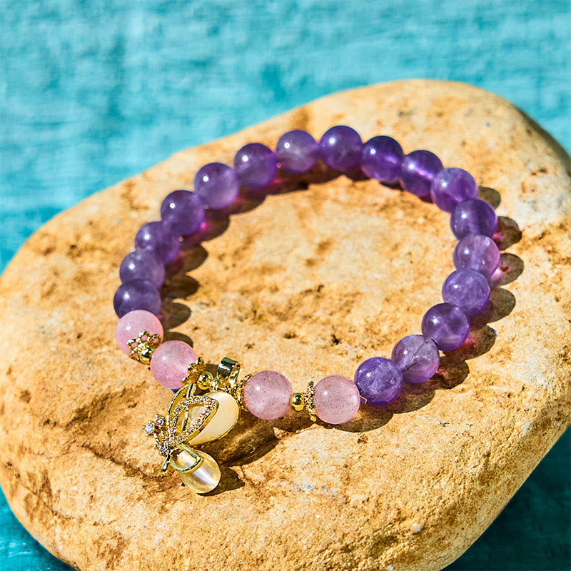 Fortune Jewel Natural Amethyst Strawberry Quartz Crystal Healing Butterfly Charm Bracelet