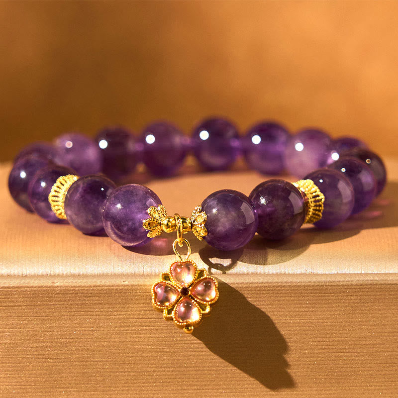 Fortune Jewel Natural Amethyst Four Leaf Clover Charm Communication Bracelet