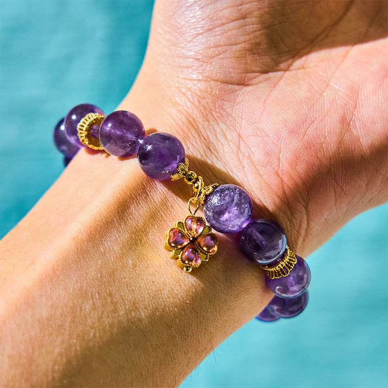 Fortune Jewel Natural Amethyst Four Leaf Clover Charm Communication Bracelet
