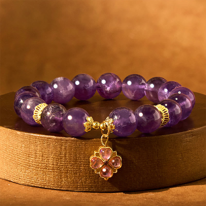 Fortune Jewel Natural Amethyst Four Leaf Clover Charm Communication Bracelet
