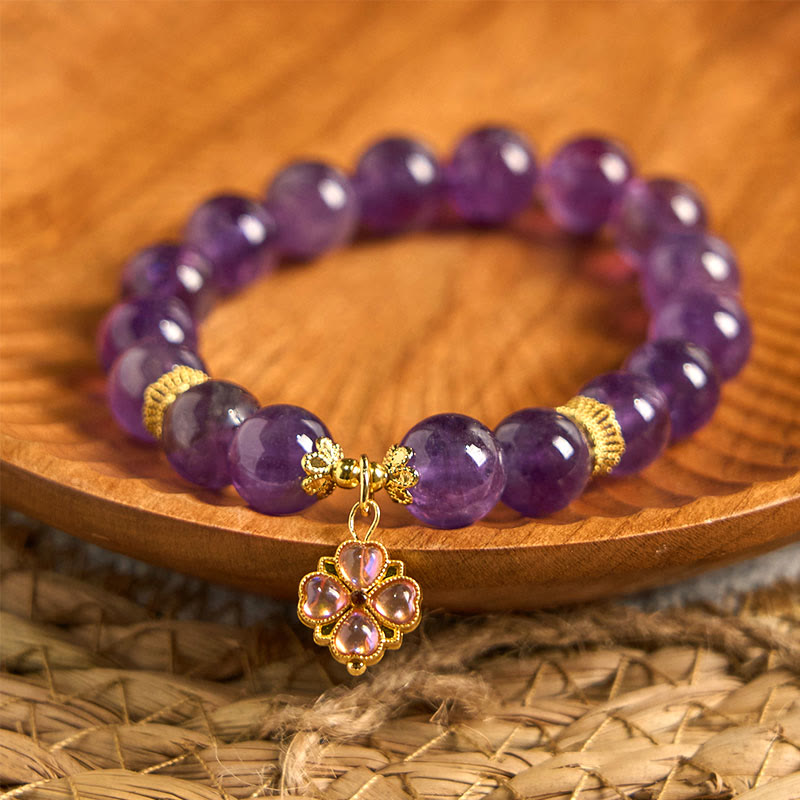 Fortune Jewel Natural Amethyst Four Leaf Clover Charm Communication Bracelet
