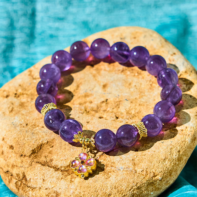 Fortune Jewel Natural Amethyst Four Leaf Clover Charm Communication Bracelet