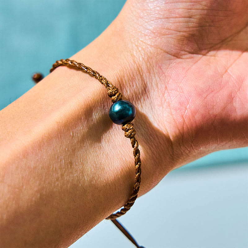 Fortune Jewel Natural Tahitian Black Pearl Bead Wax Rope Wisdom Bracelet