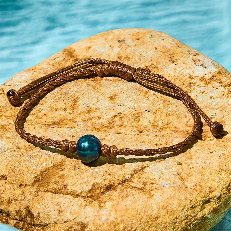 Fortune Jewel Natural Tahitian Black Pearl Bead Wax Rope Wisdom Bracelet