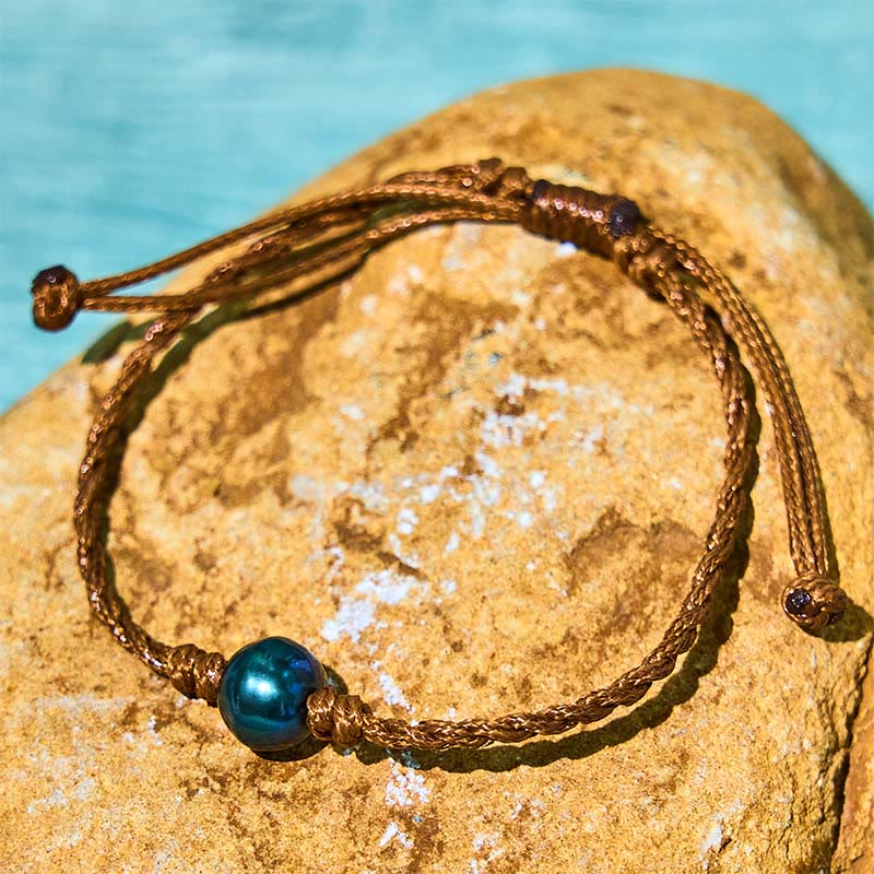 Fortune Jewel Natural Tahitian Black Pearl Bead Wax Rope Wisdom Bracelet