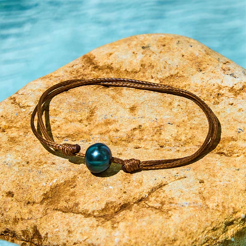 Fortune Jewel Natural Tahitian Black Pearl Bead Wax Rope Healing Bracelet