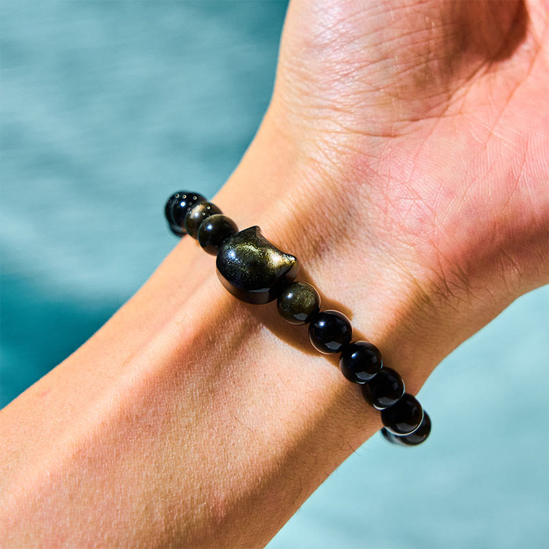 Fortune Jewel Gold Sheen Obsidian Silver Sheen Obsidian Lovely Paw Lucky Cat Protection Bracelet
