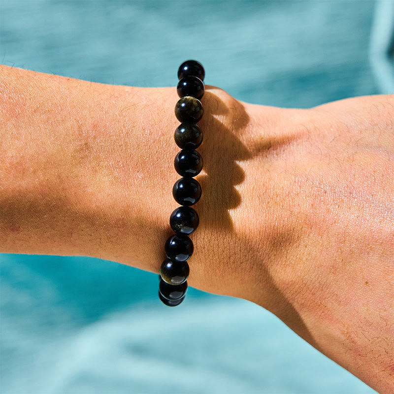 Fortune Jewel Gold Sheen Obsidian Silver Sheen Obsidian Lovely Paw Lucky Cat Protection Bracelet