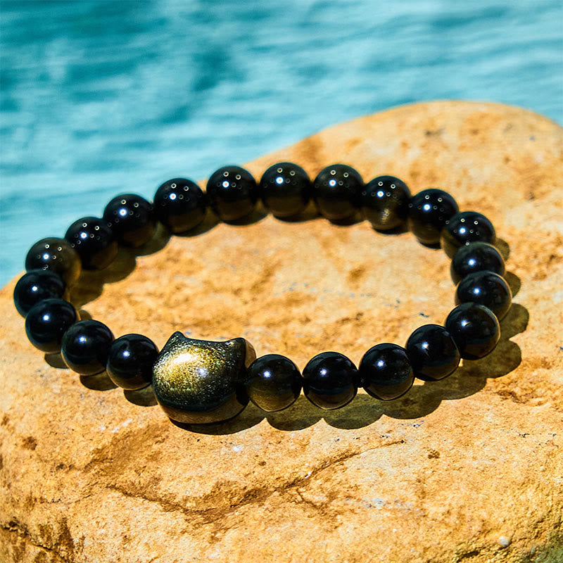 Fortune Jewel Gold Sheen Obsidian Silver Sheen Obsidian Lovely Paw Lucky Cat Protection Bracelet