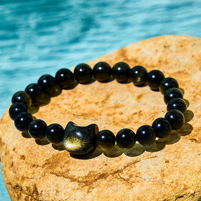 Fortune Jewel Gold Sheen Obsidian Silver Sheen Obsidian Lovely Paw Lucky Cat Protection Bracelet