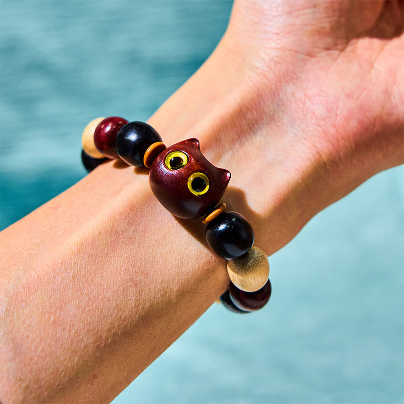 Fortune Jewel Small Leaf Red Sandalwood Ebony Wood Cute Cat Engraved Protection Bracelet