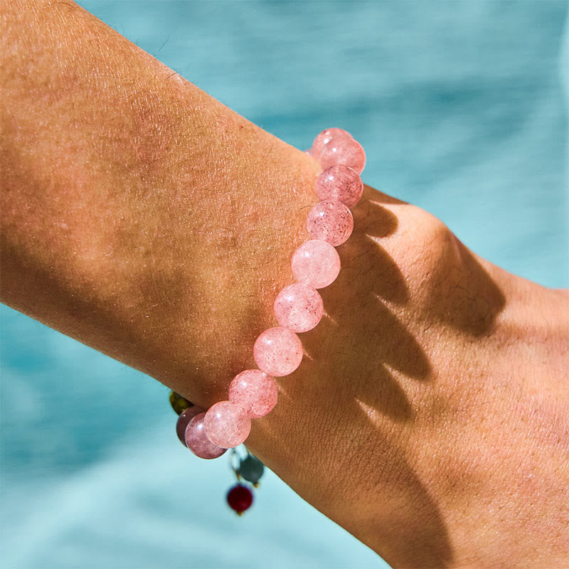 Fortune Jewel Strawberry Quartz Jade Fu Character Charm Healing Bracelet