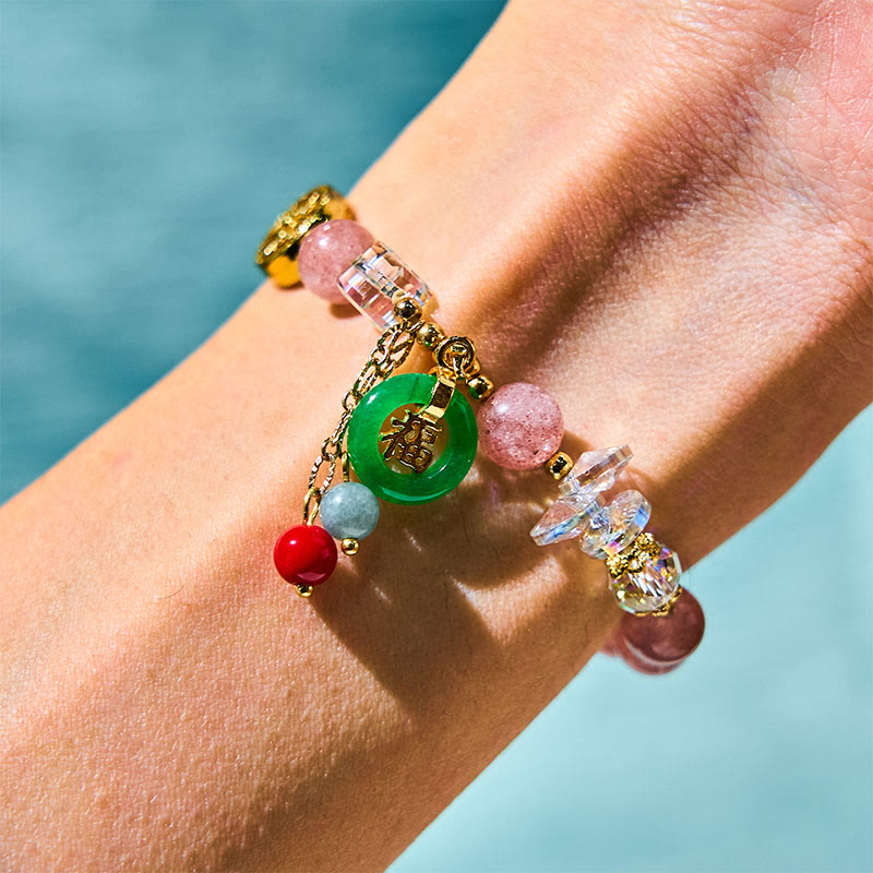 Fortune Jewel Strawberry Quartz Jade Fu Character Charm Healing Bracelet
