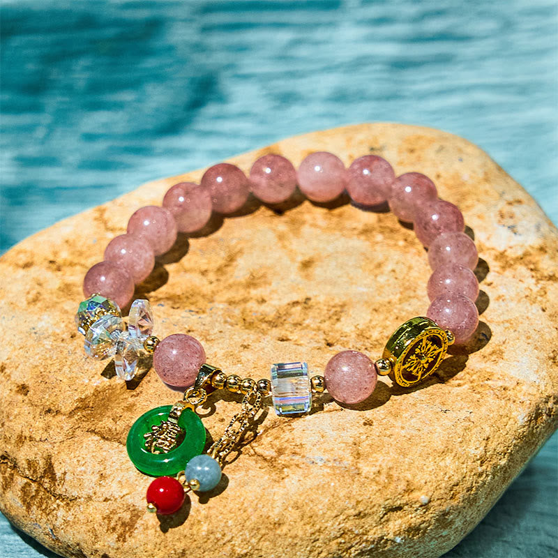 Fortune Jewel Strawberry Quartz Jade Fu Character Charm Healing Bracelet