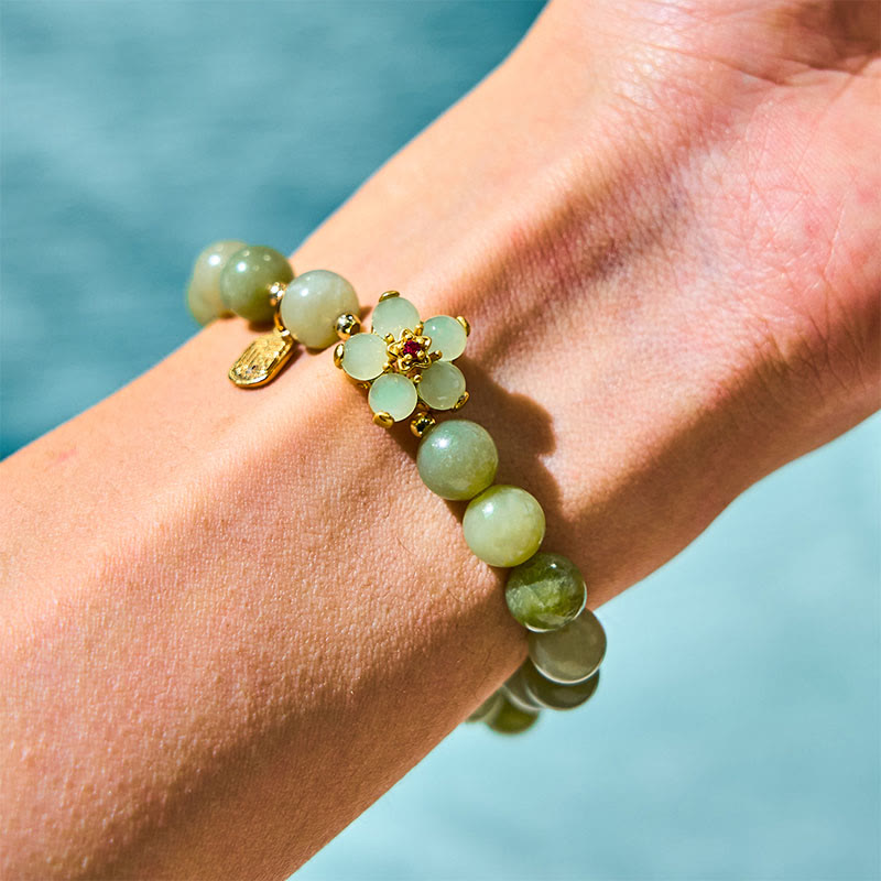 Fortune Jewel Green Jade Flower Fu Character Charm Luck Bracelet