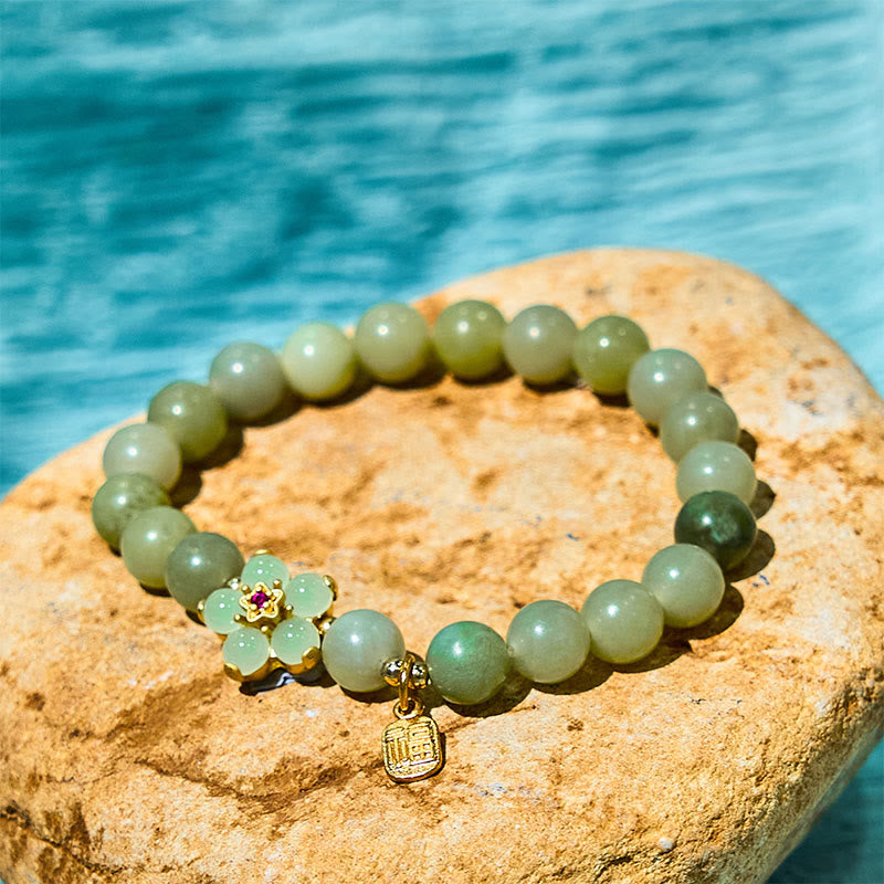 Fortune Jewel Green Jade Flower Fu Character Charm Luck Bracelet