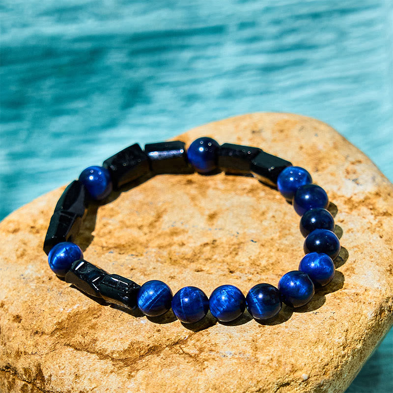 Fortune Jewel Blue Tiger Eye Black Tourmaline Strength Bracelet