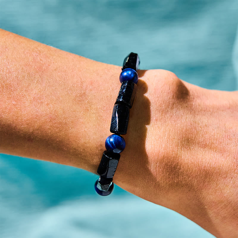 Fortune Jewel Blue Tiger Eye Black Tourmaline Strength Bracelet
