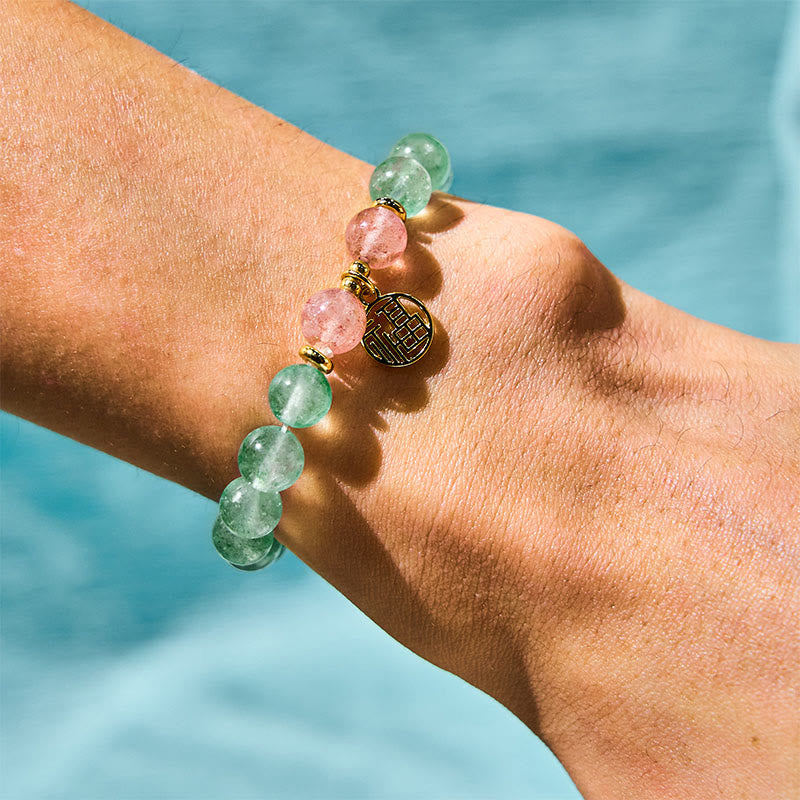 Fortune Jewel Natural Green Strawberry Quartz Soothing Fu Character Bracelet