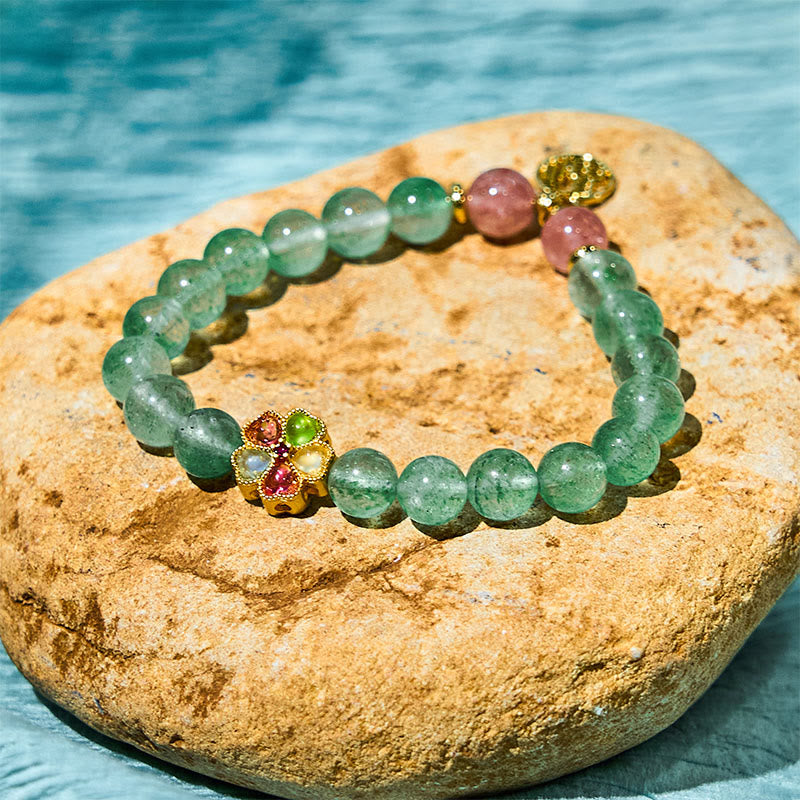Fortune Jewel Natural Green Strawberry Quartz Soothing Fu Character Bracelet