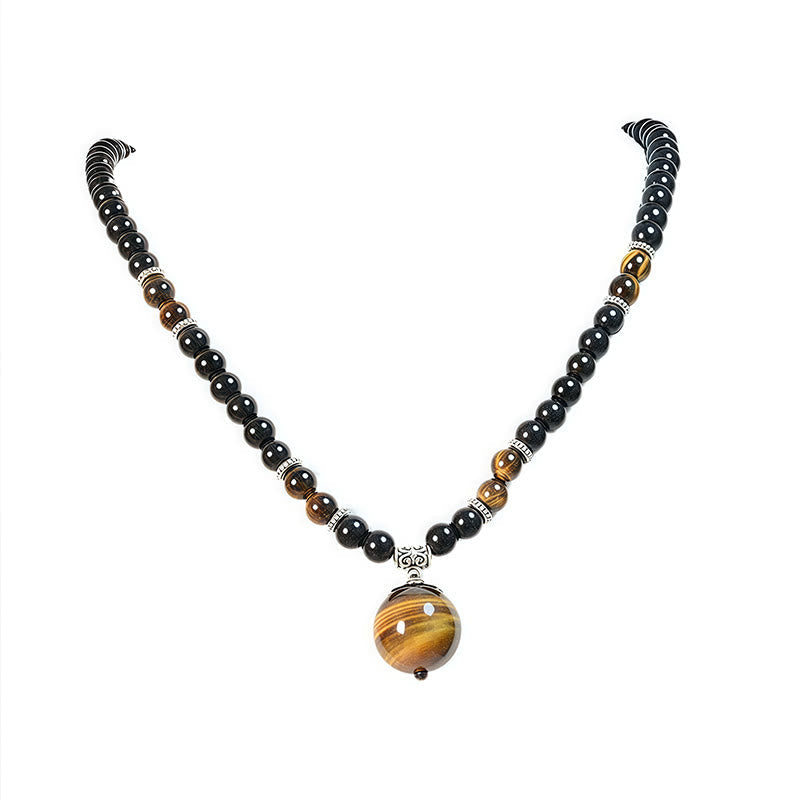 Fortune Jewel Black Obsidian Tiger Eye Strengthen Necklace Pendant