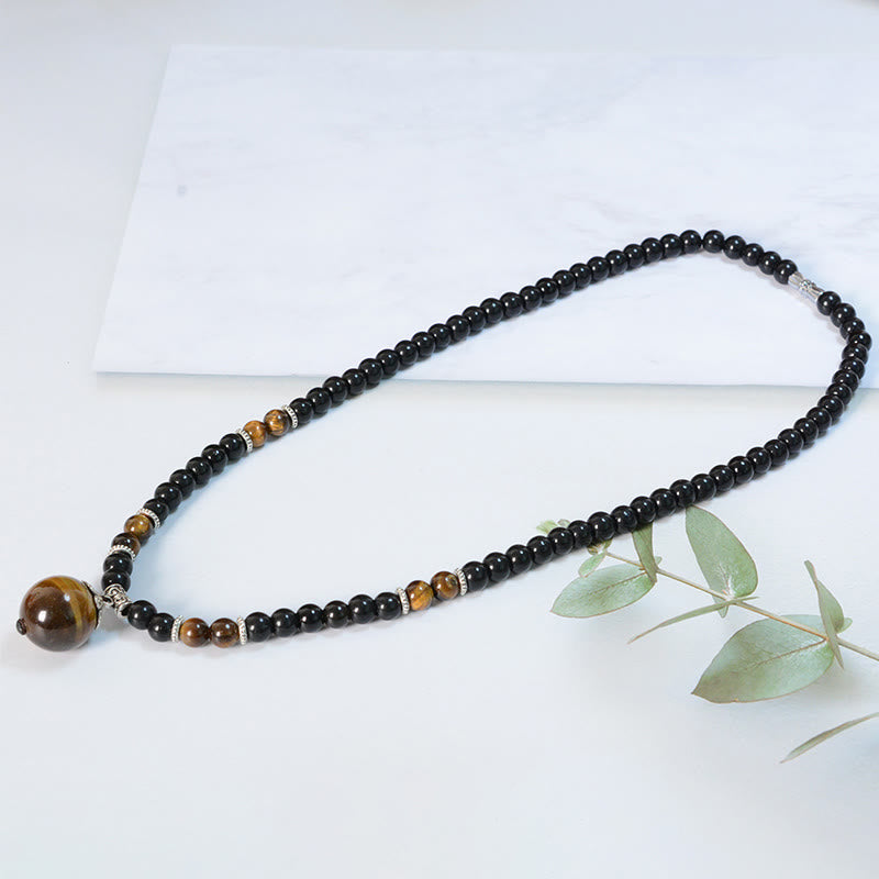 Fortune Jewel Black Obsidian Tiger Eye Strengthen Necklace Pendant