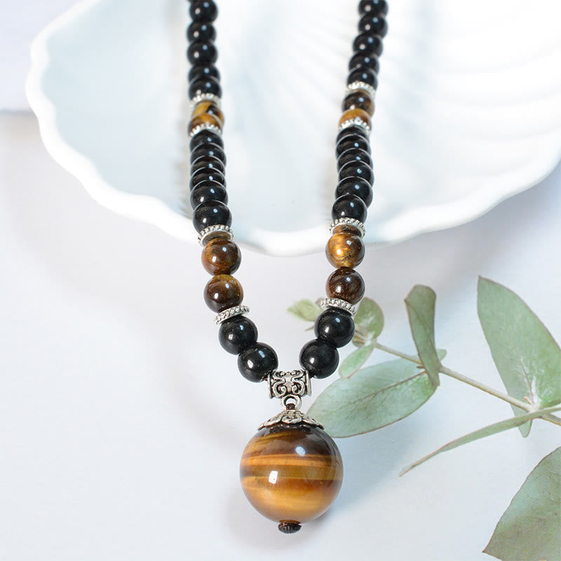 Fortune Jewel Black Obsidian Tiger Eye Strengthen Necklace Pendant