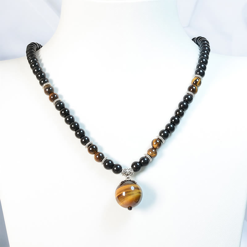 Fortune Jewel Black Obsidian Tiger Eye Strengthen Necklace Pendant