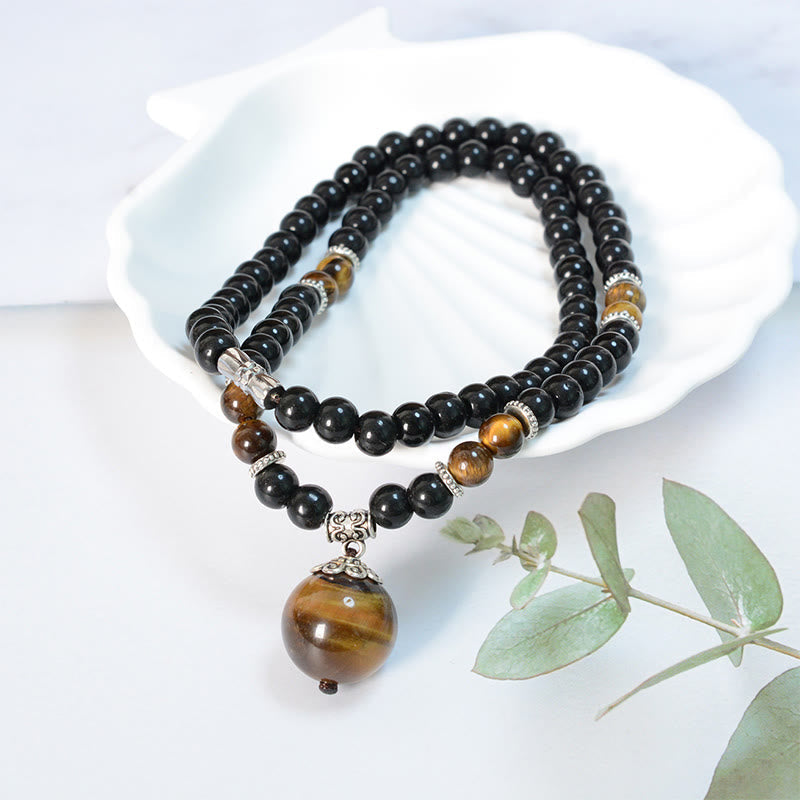 Fortune Jewel Black Obsidian Tiger Eye Strengthen Necklace Pendant
