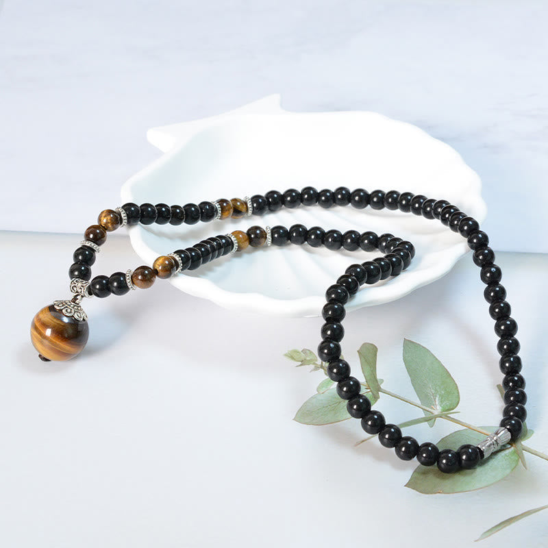 Fortune Jewel Black Obsidian Tiger Eye Strengthen Necklace Pendant