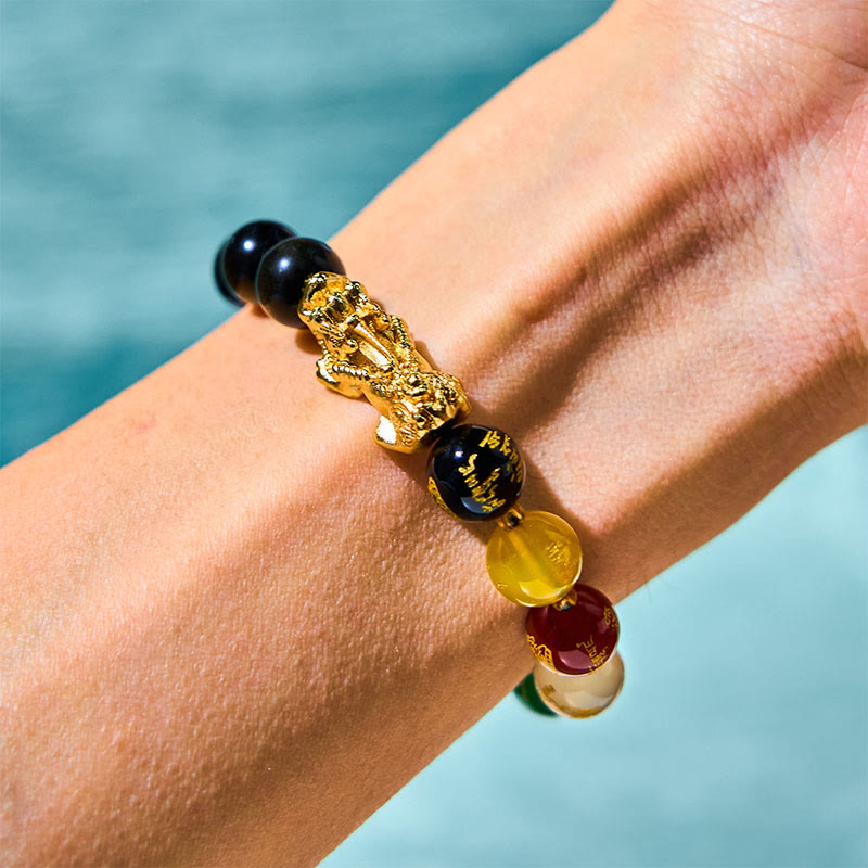 Fortune Jewel Natural Gold Sheen Obsidian PiXiu Five Directions Gods of Wealth Protection Bracelet