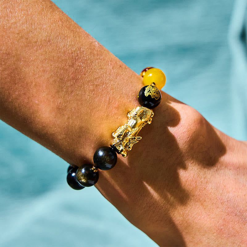 Fortune Jewel Natural Gold Sheen Obsidian PiXiu Five Directions Gods of Wealth Protection Bracelet