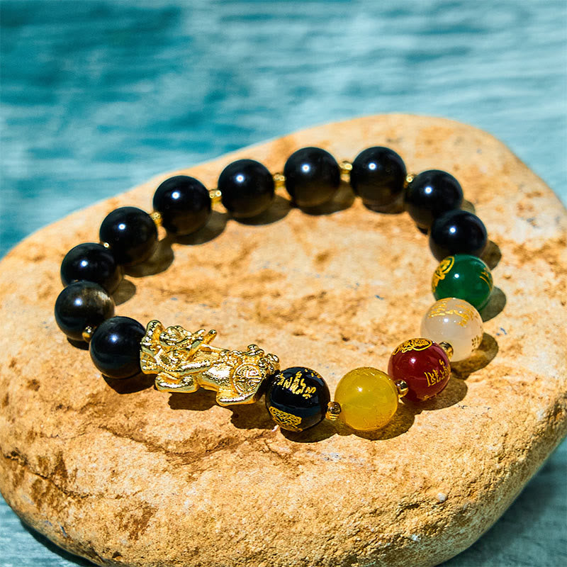 Fortune Jewel Natural Gold Sheen Obsidian PiXiu Five Directions Gods of Wealth Protection Bracelet