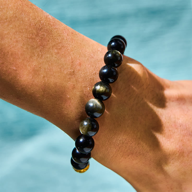Fortune Jewel Natural Gold Sheen Obsidian PiXiu Om Mani Padme Hum Wealth Bracelet