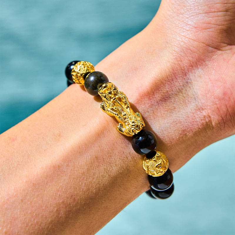 Fortune Jewel Natural Gold Sheen Obsidian PiXiu Om Mani Padme Hum Wealth Bracelet