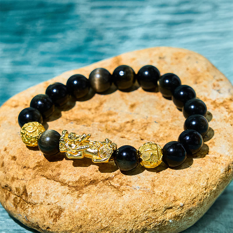 Fortune Jewel Natural Gold Sheen Obsidian PiXiu Om Mani Padme Hum Wealth Bracelet